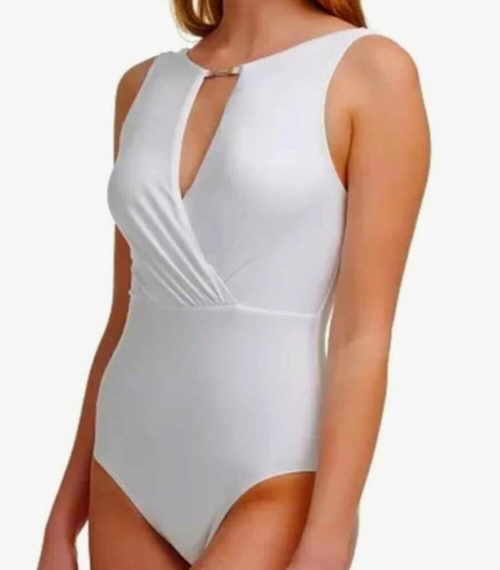 CALVIN KLEIN Women's High Neck Cutout One Piece Swimsuit Size 14 White NWT